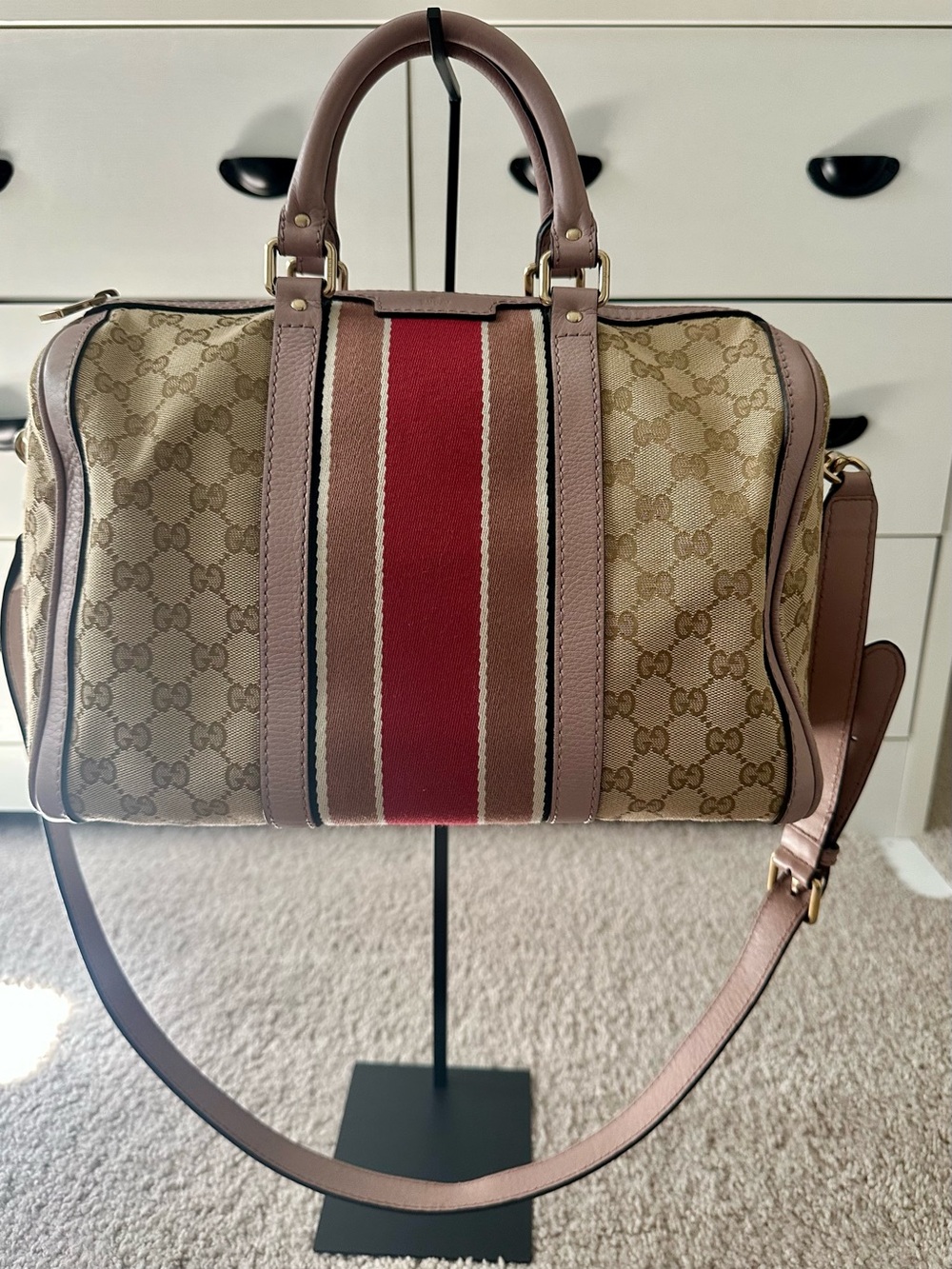 Gucci Stripe Canvas Top-Handle Bag in Beige and Red